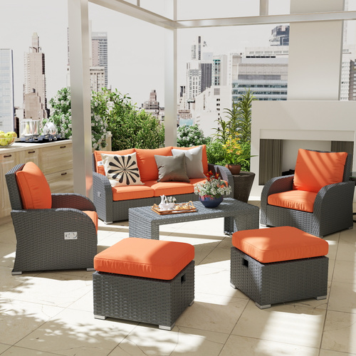 Outsunny Six-piece Outdoor Rattan Dining Set, Outdoor Sofa Set with Reclining Armchairs and Mental Frame, Orange