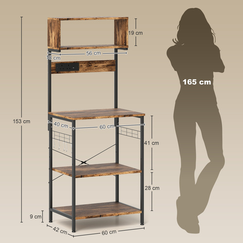 HOMCOM Kitchen Storage Rack, Bakers Rack with Power Outlet, USB Charger, Rustic Brown