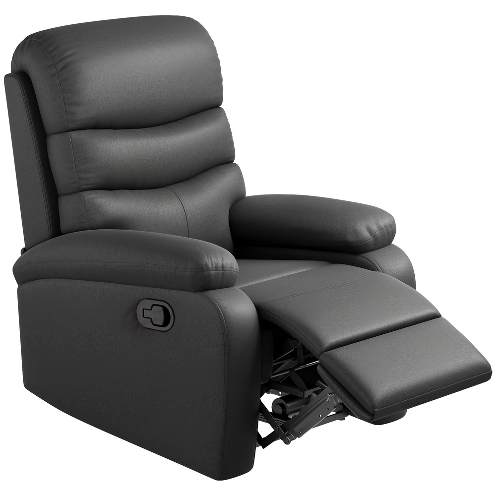 HOMCOM PU Leather Reclining Chair, Manual Recliner Chair with Padded Armrests, Retractable Footrest and Wood Frame, Black