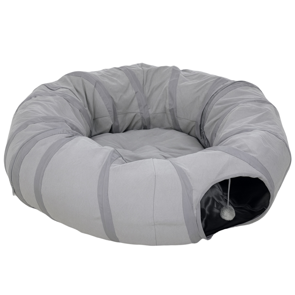 PawHut 2 in 1 Cat Tunnel with Bed, Cat Play Tunnel with Ball & Peek Hole for Indoor Cats, Grey