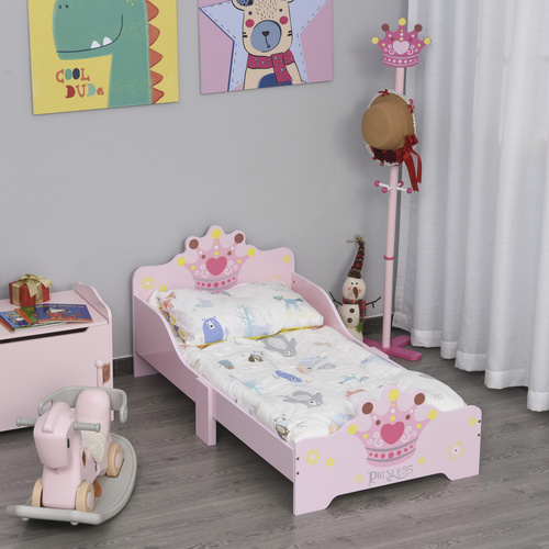 HOMCOM Kids Toddler Bed Princess Crown Theme Safety Side Rails Slats Home Bedroom Furniture Boys Girls 3-6 Years Pink 143 x 73 x 60 cm