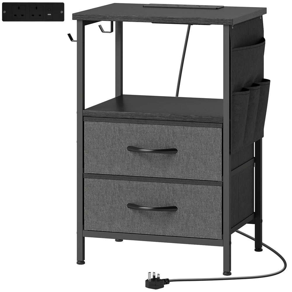 HOMCOM Bedside Table with Charging Station - Black