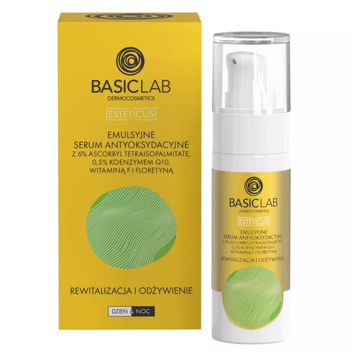 BasicLab Emulsyjne Serum Antyoksydacyjne z 6% Ascorbyl Tetraisopalmitate Rewitalizacja i Odżywienie dla Skóry Suchej i Bardzo Suchej na Dzień i na Noc 30ml