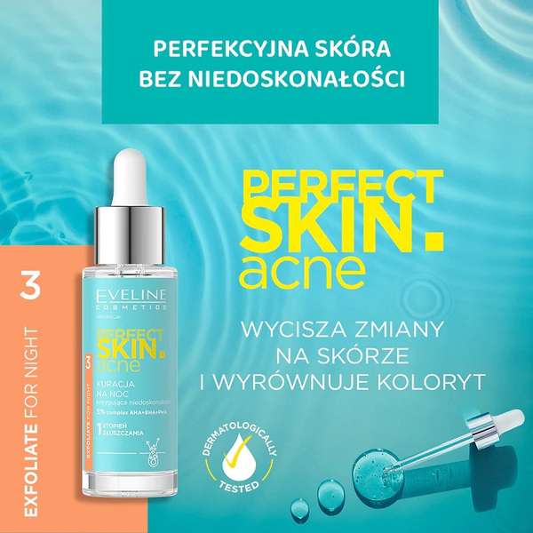 Eveline Perfect Skin Acne Kuracja na Noc Korygująca Niedoskonałości 1 Stopień Złuszczania 5% Acid Complex 30ml