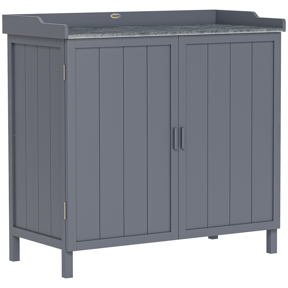 Outsunny Wood Garden Storage Cabinet, Outdoor Tool Shed, Potting Bench Table with Galvanized Top and Two Shelves for Yard Tools or Pool Accessories, Grey