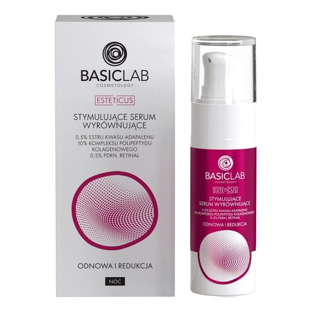BasicLab Cosmetology Serum Stymulujące na Noc – Odnowa i Redukcja 0.5% Adapinoid 10% Kompleks Polipeptydów Kolagenu 0.5% PDRN Retinal 30ml