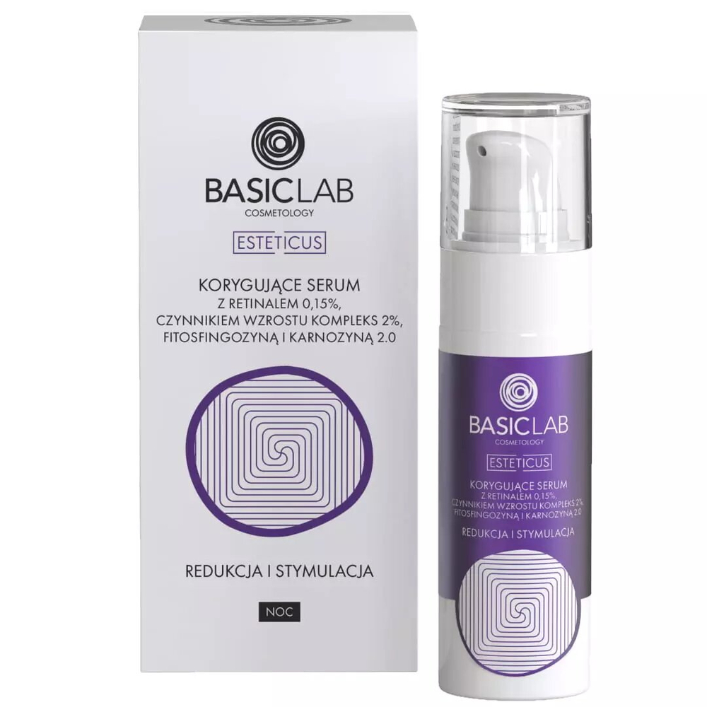 BasicLab Intensywny Nocny Serum z Retinalem 0,15% i Czynnikiem Wzrostu dla Skóry Problematycznej - 30 ml