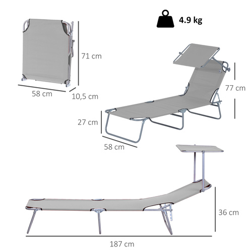 Outsunny Outdoor Foldable Sun Lounger, 4 Level Adjustable Backrest Reclining Sun Lounger Chair with Angle Adjust Sun Shade Awning for Beach, Garden, Patio, Light Grey