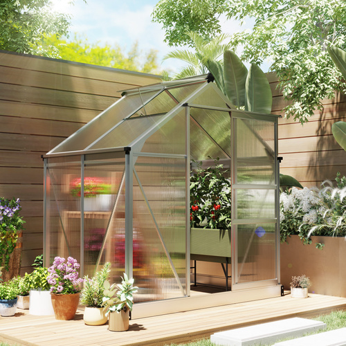 Outsunny Polycarbonate Greenhouse, Large Walk-In Green House with Slide Door and Window, Aluminium Frame, 6x4ft, Silver Tone