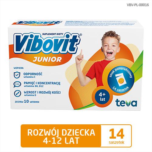 Vibovit Junior o Smaku Pomarańczowym Wspiera Rozwój Dziecka 4-12 Lat 14 Saszetek