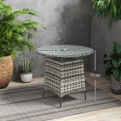 Outsunny Wicker Garden Rattan Table, Patio Furniture Outdoor Coffee Table with Umbrella Hole and Tempered Glass Top, Grey