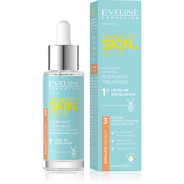 Eveline Perfect Skin Acne Night Treatment Anti Imperfections 1 Level Exfoliation 5% Acid Complex 30ml Best Before 10.12.25