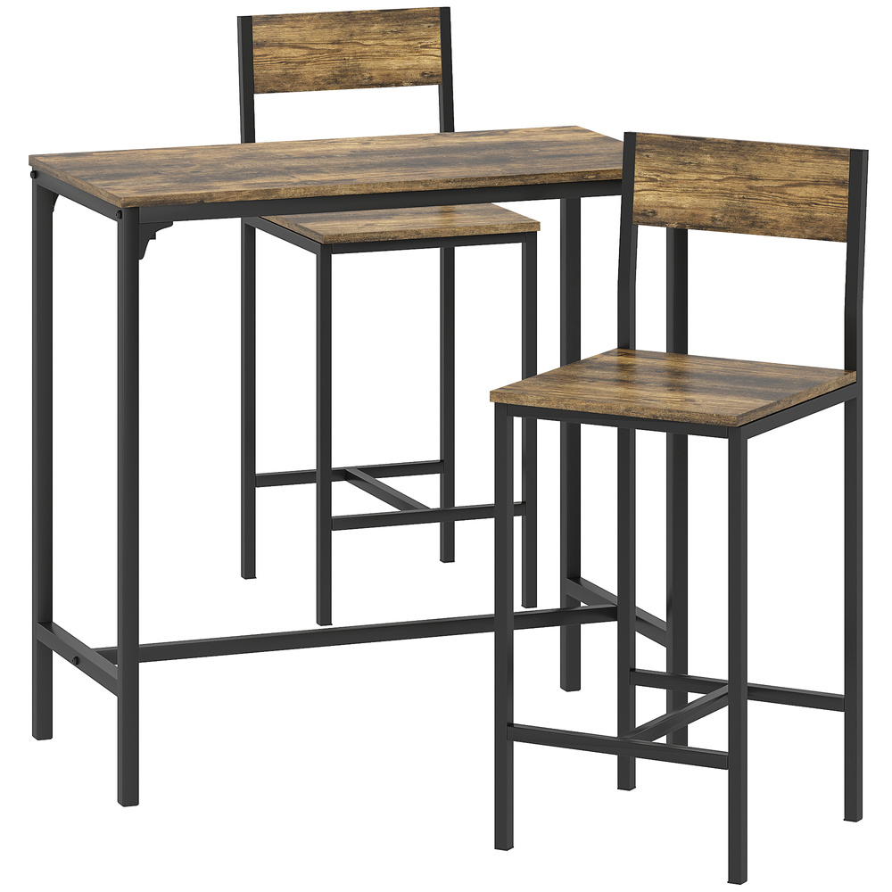 HOMCOM 3-Piece Bar Table Set with 2 Stools, Industrial Breakfast Bar Set with Footrest, Backrest for Dining Room, Small Space