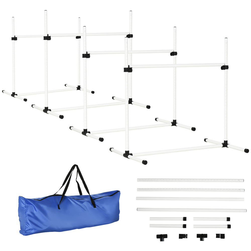 PawHut 4 Pieces Dog Agility Training Equipment, Adjustable Height Jumps Hurdle with Carrying Bag for Outdoor, White