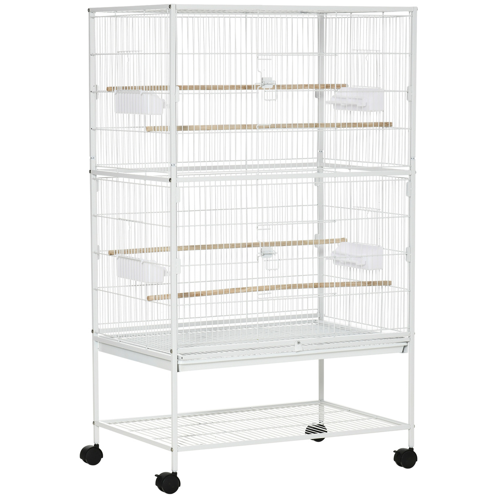 PawHut Large Bird Cage Budgie Cage for Finch Canaries Parakeet with Rolling Stand, Slide-out Tray, Storage Shelf, Food Containers, White