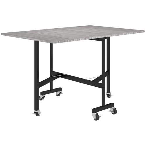 HOMCOM Six-Seater Drop-Leaf Dining Table, with Wheels - Grey Wood-Effect
