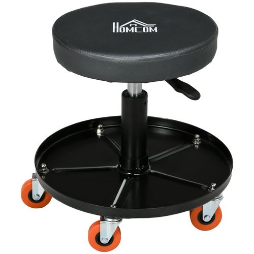 HOMCOM Rolling Mechanical Stool, Pneumatic Adjustable Workshop Stool with Tool Tray, Wheels - Black