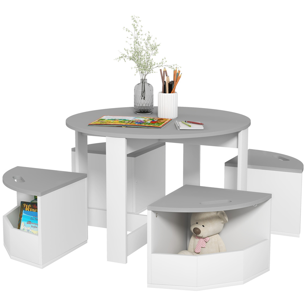AIYAPLAY Five-Piece Kids Table and Chairs Set with Storage, for Ages 3-8 Years, Grey