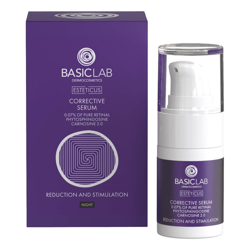 BasicLab Korygujące Serum z Retinalem 0,07% Fitosfingozyną i Karnozyną 2.0 Redukcja i Stymulacja dla Skóry Problematycznej na Noc 15ml