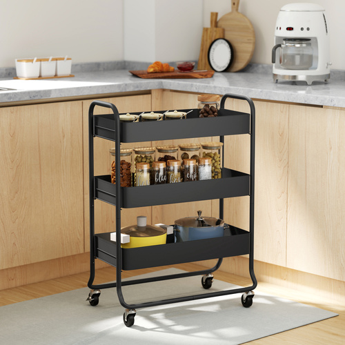 HOMCOM 3-Tier Storage Trolley on Wheels, Rolling Utility Cart with Mesh Backets for Kitchen, Bathroom, Bedroom, Black