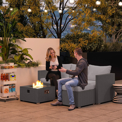 Outsunny Five Piece Rattan Garden Furniture Set with Gas Fire Pit Table and Footstool - Grey