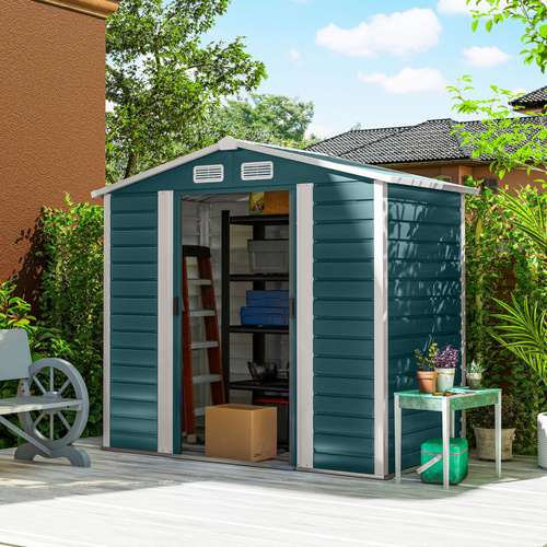 Outsunny 7 x 4ft Garden Shed, Easy to Assemble, Upgraded Galvanised Steel Frame with Foundation Kit, Double Doors with Lock, Outdoor Metal Shed with Vents and Gloves, Garden Storage Shed, Green