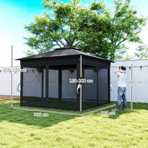 Outsunny 3.36 x 3.36m Pop Up Gazebo Party Tent with Solar-Powered LED Lights, Adjustable Event Shelter with Netting, Black