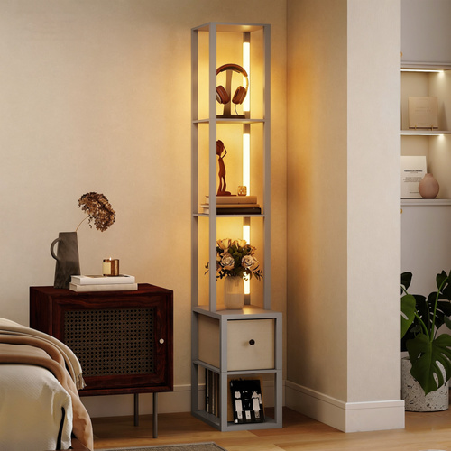 HOMCOM Floor Lamp with Shelves, LED Column Modern Standing Lamp with Fabric Drawer, Adjustable Brightness, Foot Switch for Living Room, Bedroom, Office, Grey