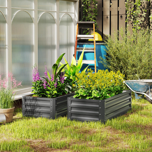 Outsunny Set of Two 110 x 50cm Steel Planter Boxes -  Light Grey