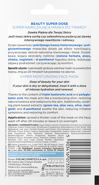 Eveline Beauty Super Dose Nawilżająca Maska do Twarzy z Kwasem Hialuronowym dla Skóry Suchej i Odwodnionej 8ml