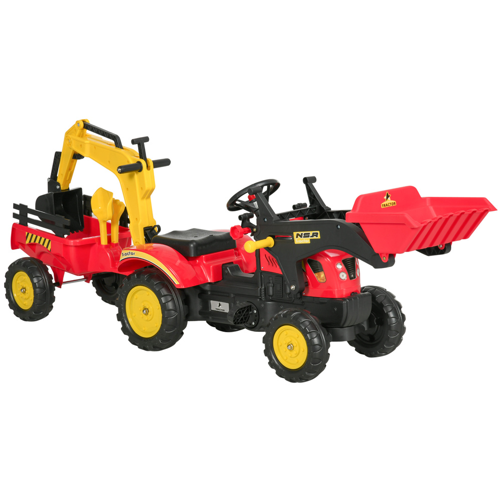 HOMCOM Ride On Tractor for Kids, 3 in 1 Ride On Excavator Toy Car with Adjustable Bucket, Digger and Removable Trailer, Pretend Play Construction Truck for 3-6 Years