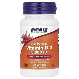 Now Foods Vitamin D-3 5000 IU 120 Wspiera Pracę Mięśni Układu Odpornościowego i Mózgu 30 Kapsułek