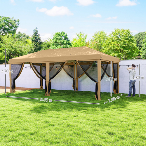 Outsunny 3 x 6m Pop Up Gazebo, Outdoor Canopy Shelter, Marquee Party Wedding Tent with 6 Mesh Walls and Carry Bag, Beige