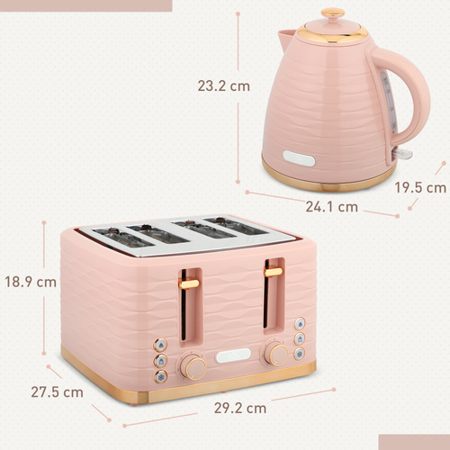 HOMCOM 3000W 1.7L Kettle & 4 Slice Toaster, Kettle and Toaster Set with 7 Browning Controls and Crumb Tray, Light Pink