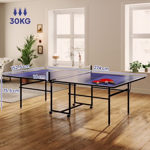 SPORTNOW 9FT Folding Table Tennis Table with Four Wheels, for Indoor Use, Blue