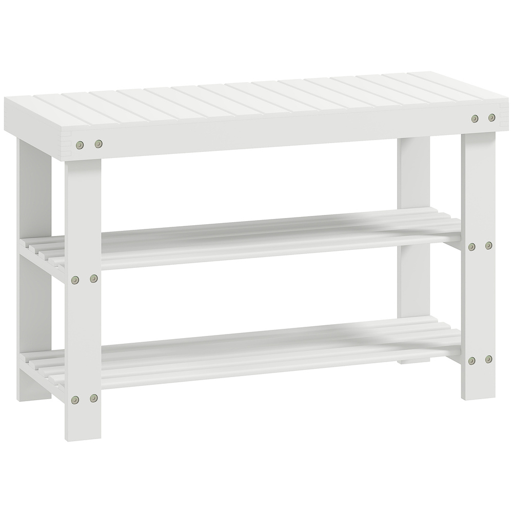 HOMCOM Two Shelf Bamboo Shoe Storage Bench - White