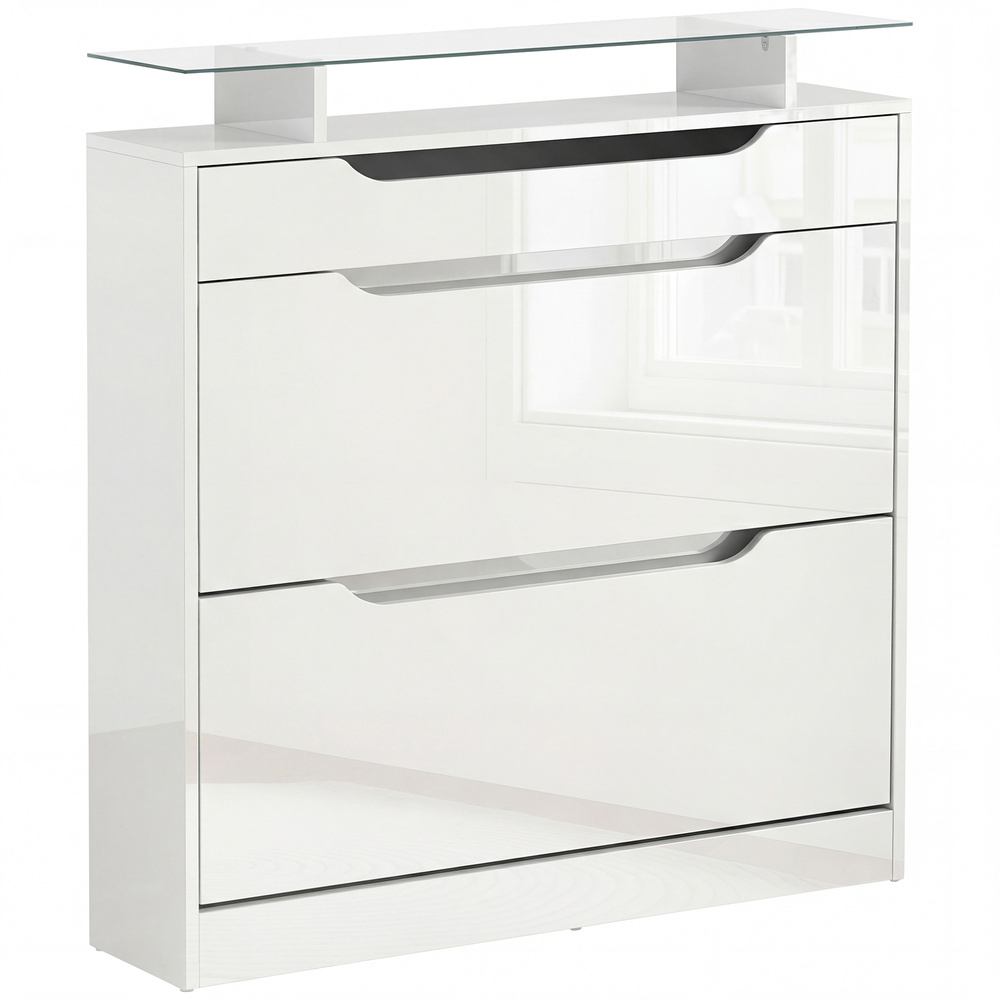 HOMCOM Shoe Storage Cabinet with Slide Out Drawer, 2 Flip Doors, Tempered Glass Top - White