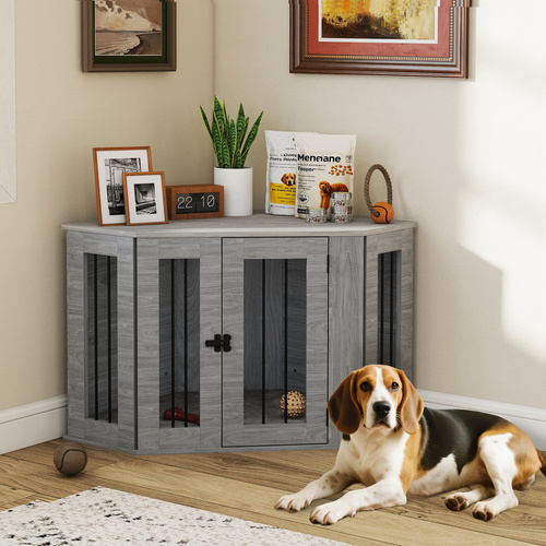 PawHut 2 in 1 Dog Crate Furniture Side Table with Cushion for Medium Dogs, 104 x 55 x 63cm - Grey