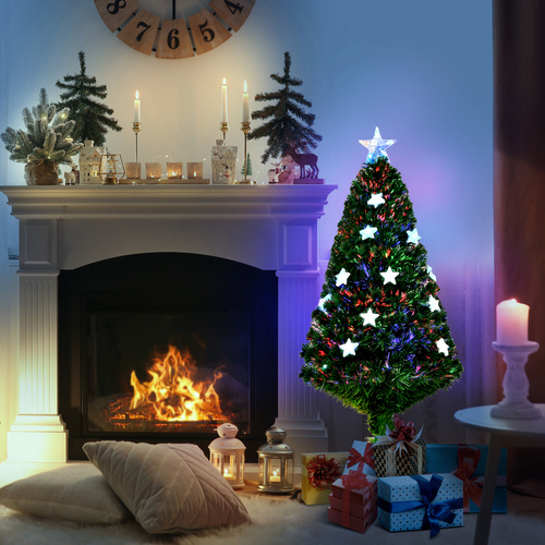 HOMCOM 4FT Prelit Artificial Christmas Tree Fibre Optic Star LED Light Holiday Home Xmas Decoration with LED Light for Indoor Party, Green