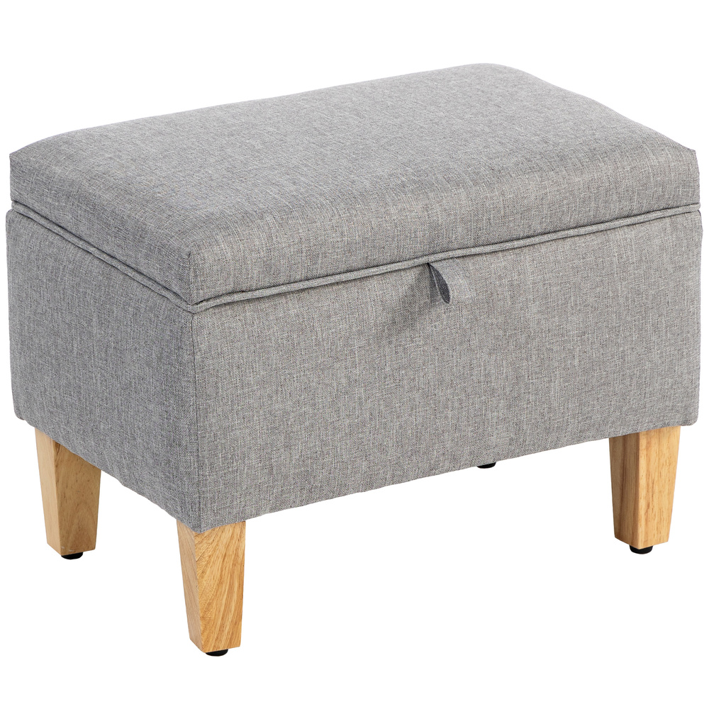 HOMCOM 16L Linen Storage Ottoman Padded Footstool with Rubberwood Legs for Storage Box, Bed End, Shoe Bench, Seating, Light Grey