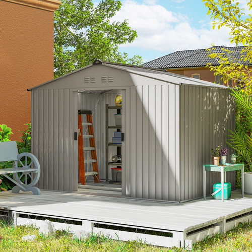 Outsunny Garden Storage Shed, Metal Outdoor Storage Shed House with Foundation Kit, Ventilation, Doors, 9 x 6FT, Grey