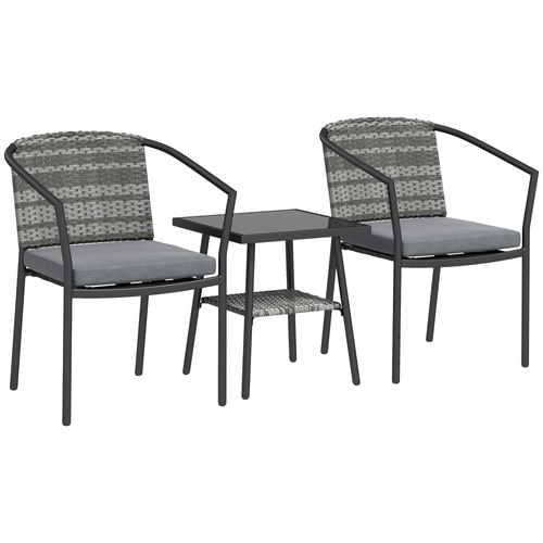 Outsunny 3 Pieces Rattan Bistro Set with Cushions, Wicker Garden Furniture Set, Glass Top Coffee Table and Chairs for Outdoor Patio, Balcony, Terrace and Conservatory, Grey