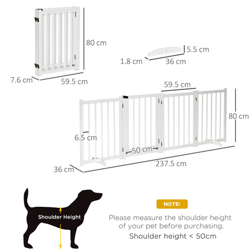 PawHut Wooden Dog Gate, Dog Fence Indoor, 80 cm Tall Freestanding Pet Gate for Small and Medium Dogs with 4 Panels, 2 Support Feet, White