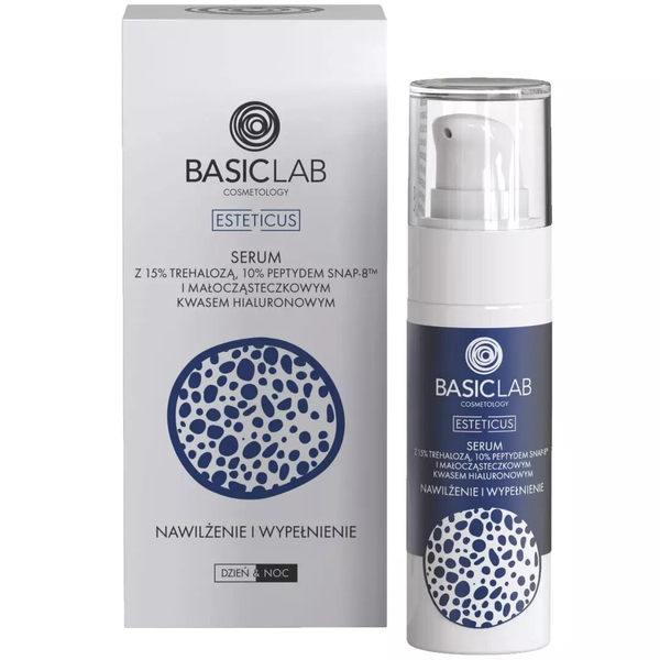 BasicLab Serum z Trehalozą 15% i Peptydem Snap-8 10% - Nawilżenie i Wypełnienie na Dzień i Noc, 30 ml