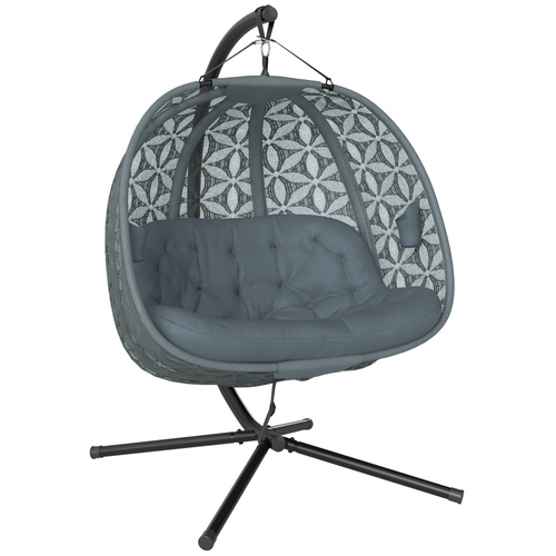 Outsunny Outdoor Double Hanging Chair with Cushion and Cup Holders, Charcoal Grey