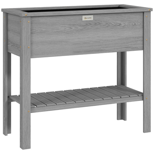 Outsunny Wooden Raised Garden Bed, Elevated Planter Box with Storage Shelf and Drainage Holes, Raised Planter with Legs, Grey
