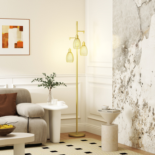 HOMCOM 3-Light Floor Lamp, 170cm Industrial Dimmable Standing Lamp with Steel Wire Cage Lampshades for Living Room, Bedroom, Dining Room, Study, Bulb Not Included, Gold Tone