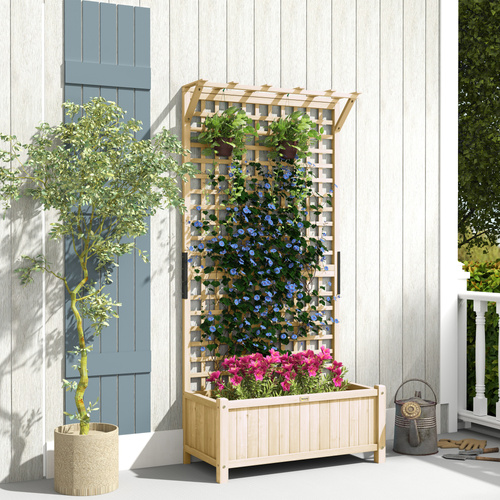 Outsunny Raised Bed with Drainage Holes, Wood Planter with Trellis for Climbing Plants to Grow Vegetables, Flowers, Natural