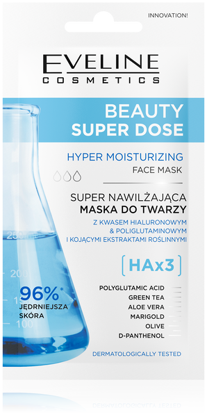 Eveline Beauty Super Dose Nawilżająca Maska do Twarzy z Kwasem Hialuronowym dla Skóry Suchej i Odwodnionej 8ml