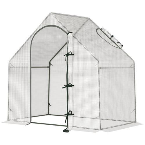 Outsunny Walk In Tomato Greenhouse Garden Outdoor Mini Greenhouse Flower Planter Steel Frame with Zipped Door & Window, PE Cover, 180 x 100 x 168CM,  White